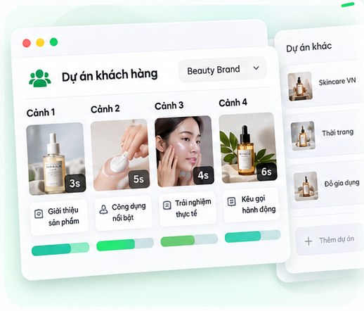 Bảng dự án khách hàng với storyboard 4 cảnh và danh sách các dự án khác